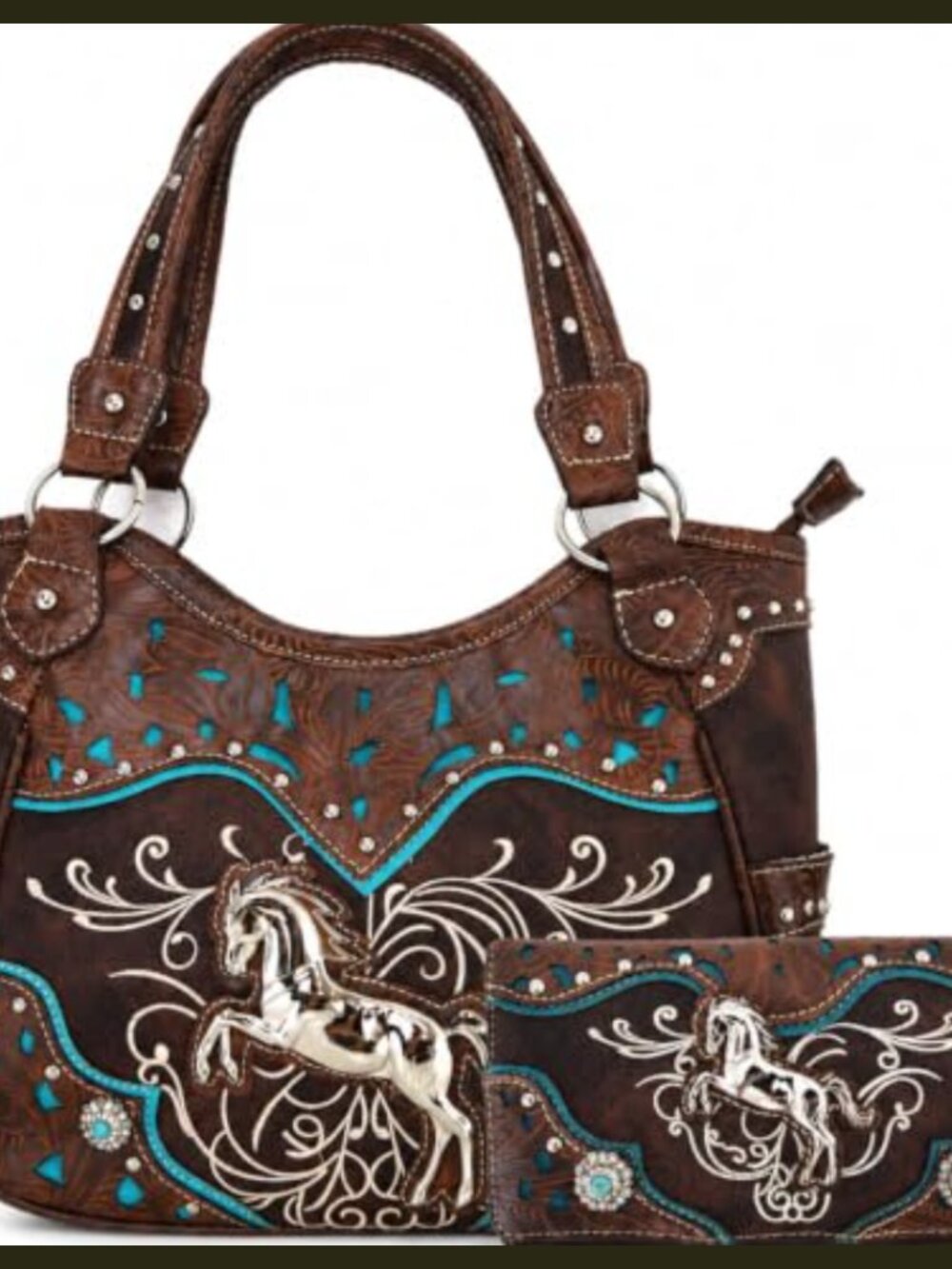 Western Horse Shoulder Handbag & Matching Wallet Set PU Leather